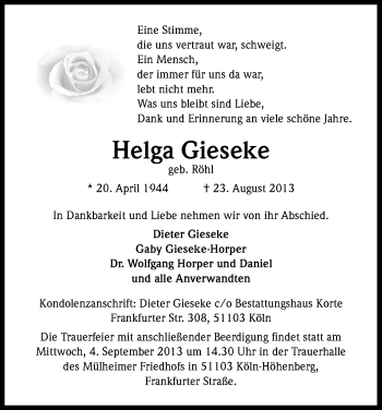 Anzeige von Helga Gieseke von Kölner Stadt-Anzeiger / Kölnische Rundschau / Express