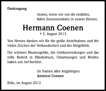 Anzeige von Hermann Coenen von Kölner Stadt-Anzeiger / Kölnische Rundschau / Express