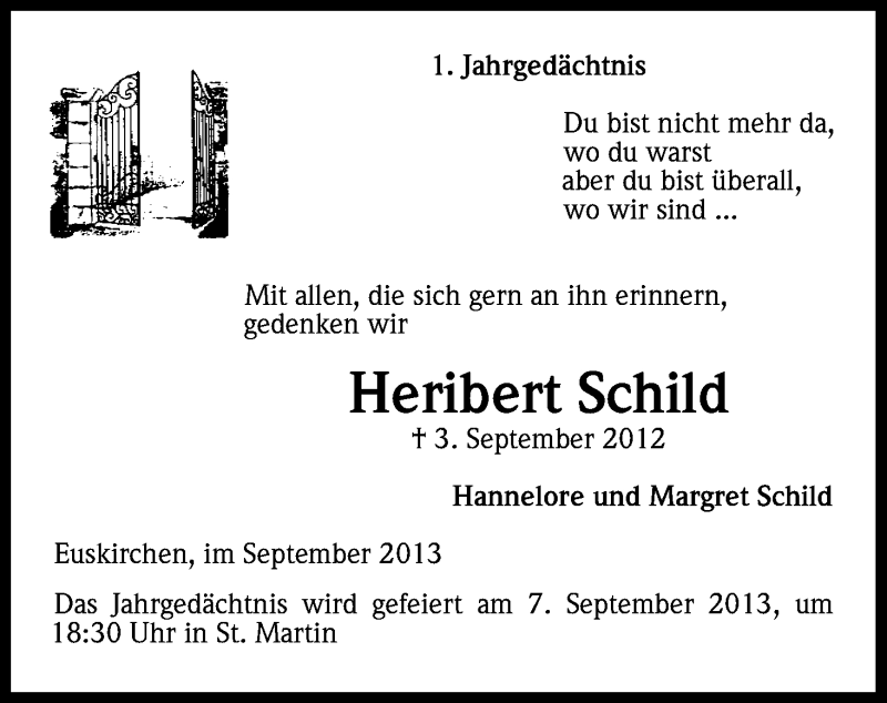  Traueranzeige für Heribert Schild vom 31.08.2013 aus Kölner Stadt-Anzeiger / Kölnische Rundschau / Express