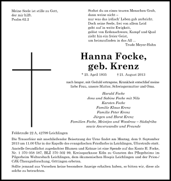 Anzeige von Hanna Focke von Kölner Stadt-Anzeiger / Kölnische Rundschau / Express
