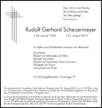 Anzeige von Rudolf Gerhard Scheuermeyer von Kölner Stadt-Anzeiger / Kölnische Rundschau / Express
