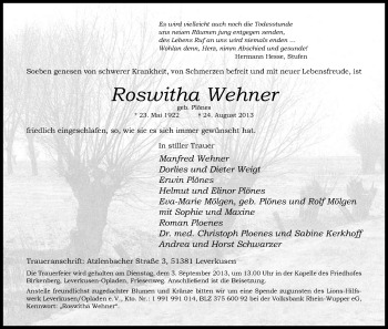 Anzeige von Roswitha Wehner von Kölner Stadt-Anzeiger / Kölnische Rundschau / Express