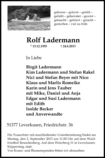 Anzeige von Rolf Ladermann von Kölner Stadt-Anzeiger / Kölnische Rundschau / Express