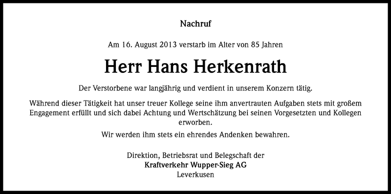  Traueranzeige für Hans Herkenrath vom 31.08.2013 aus Kölner Stadt-Anzeiger / Kölnische Rundschau / Express