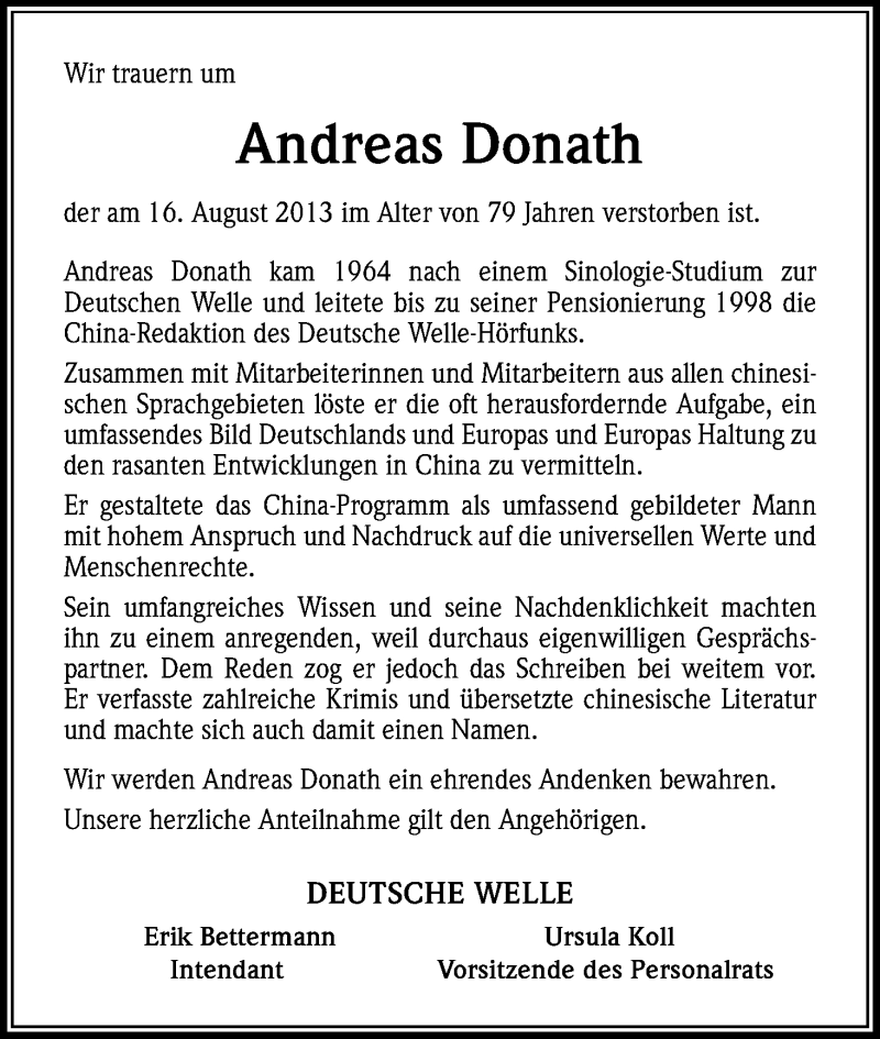  Traueranzeige für Andreas Donath vom 28.08.2013 aus Kölner Stadt-Anzeiger / Kölnische Rundschau / Express