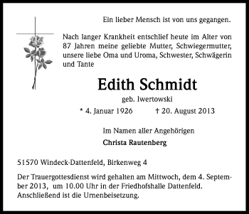 Anzeige von Edith Schmidt von Kölner Stadt-Anzeiger / Kölnische Rundschau / Express
