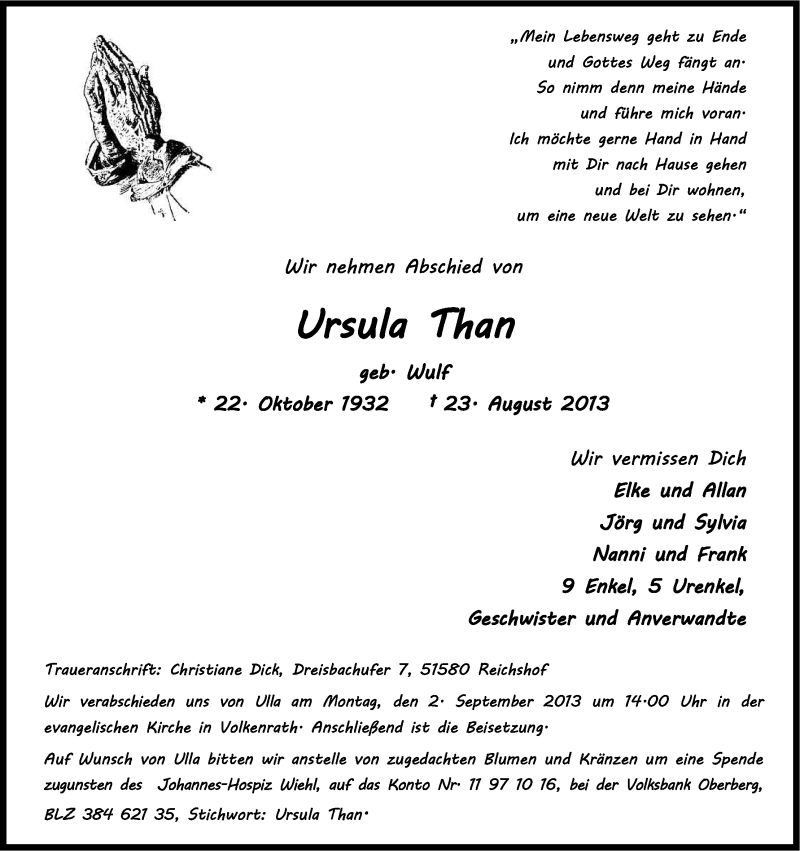  Traueranzeige für Ursula Than vom 28.08.2013 aus Kölner Stadt-Anzeiger / Kölnische Rundschau / Express