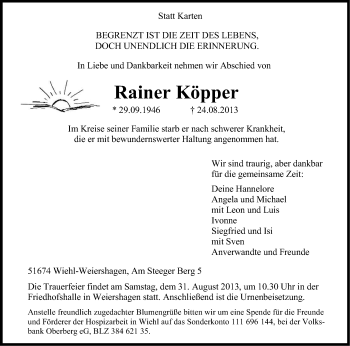 Anzeige von Rainer Köpper von Kölner Stadt-Anzeiger / Kölnische Rundschau / Express