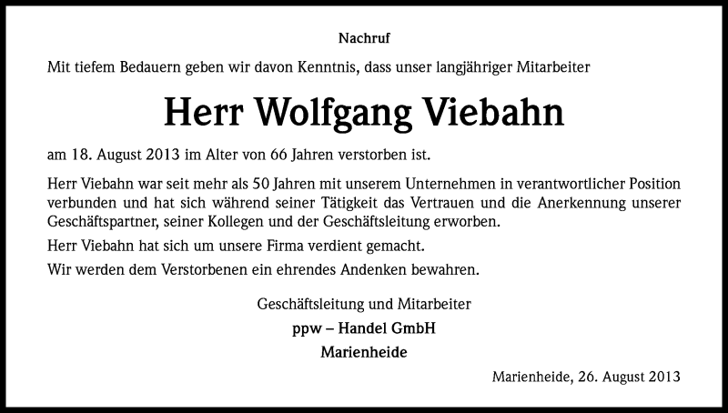  Traueranzeige für Wolfgang Viebahn vom 28.08.2013 aus Kölner Stadt-Anzeiger / Kölnische Rundschau / Express