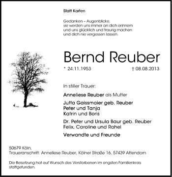 Anzeige von Bernd Reuber von Kölner Stadt-Anzeiger / Kölnische Rundschau / Express