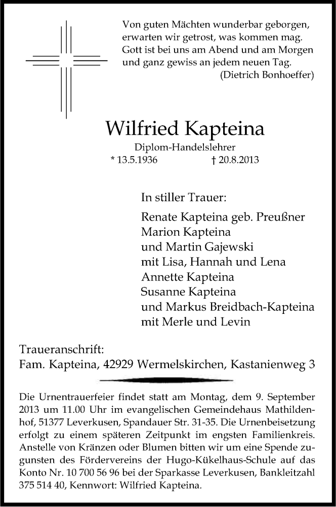  Traueranzeige für Wilfried Kapteina vom 31.08.2013 aus Kölner Stadt-Anzeiger / Kölnische Rundschau / Express