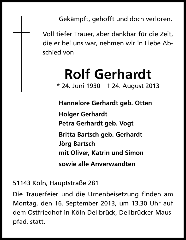  Traueranzeige für Rolf Gerhardt vom 07.09.2013 aus Kölner Stadt-Anzeiger / Kölnische Rundschau / Express