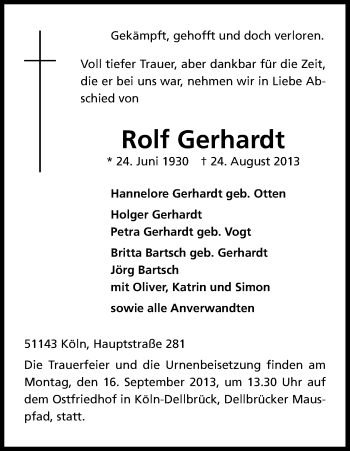 Anzeige von Rolf Gerhardt von Kölner Stadt-Anzeiger / Kölnische Rundschau / Express