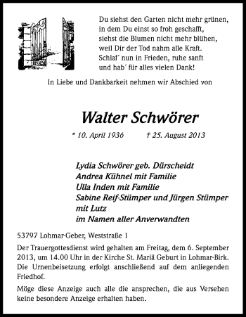 Anzeige von Walter Schwörer von Kölner Stadt-Anzeiger / Kölnische Rundschau / Express