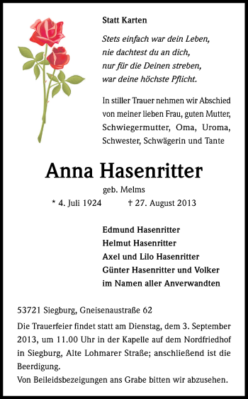 Anzeige von Anna Hasenritter von Kölner Stadt-Anzeiger / Kölnische Rundschau / Express