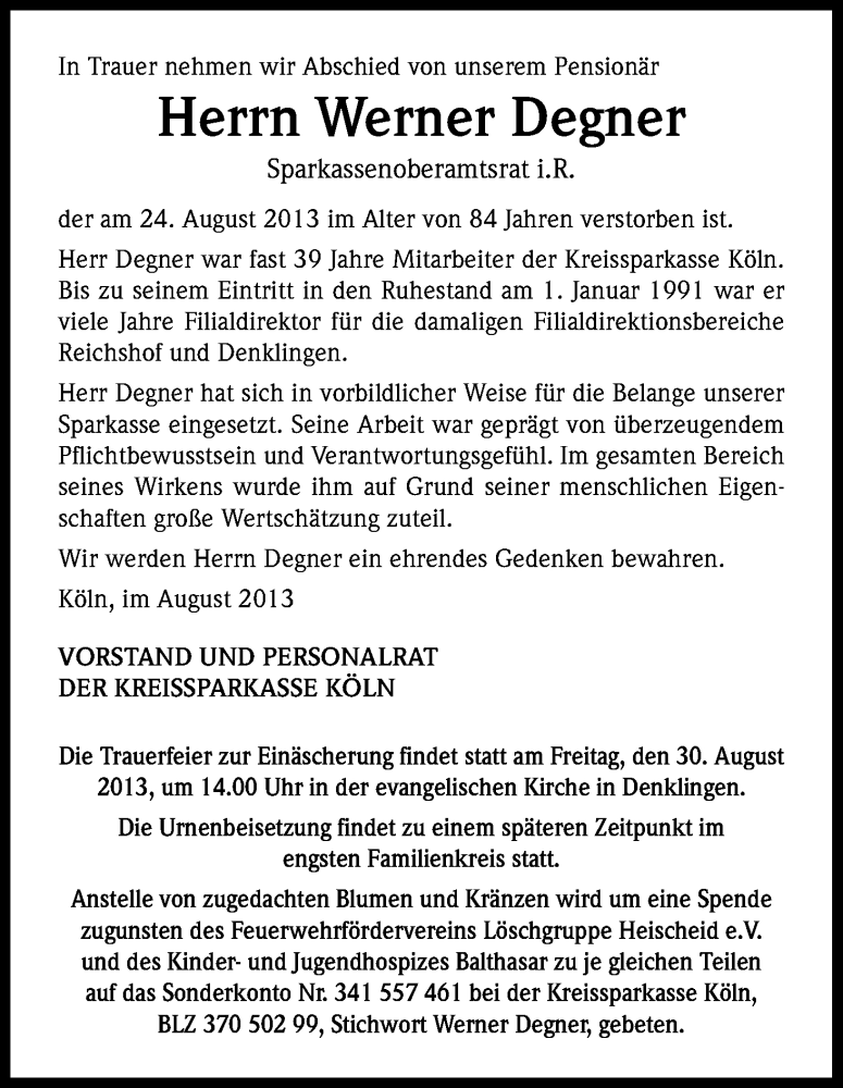  Traueranzeige für Werner Degner vom 29.08.2013 aus Kölner Stadt-Anzeiger / Kölnische Rundschau / Express