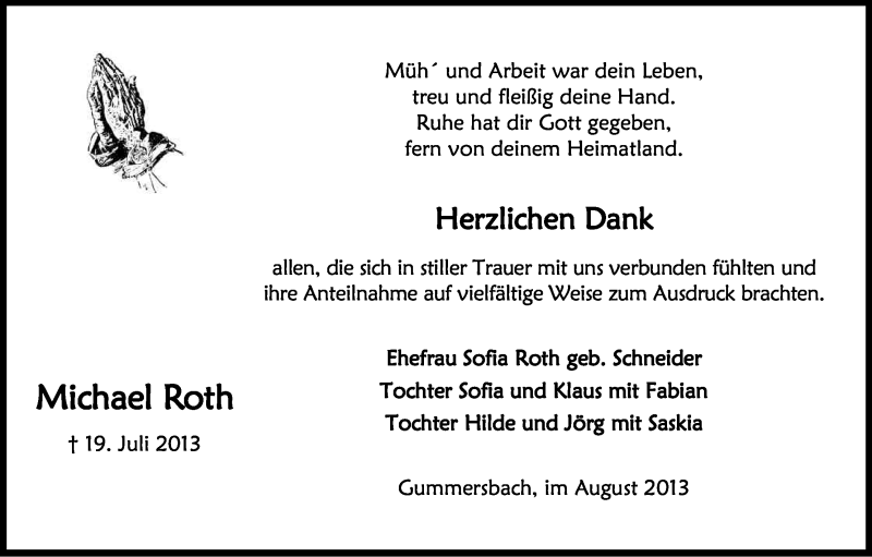  Traueranzeige für Michael Roth vom 31.08.2013 aus Kölner Stadt-Anzeiger / Kölnische Rundschau / Express