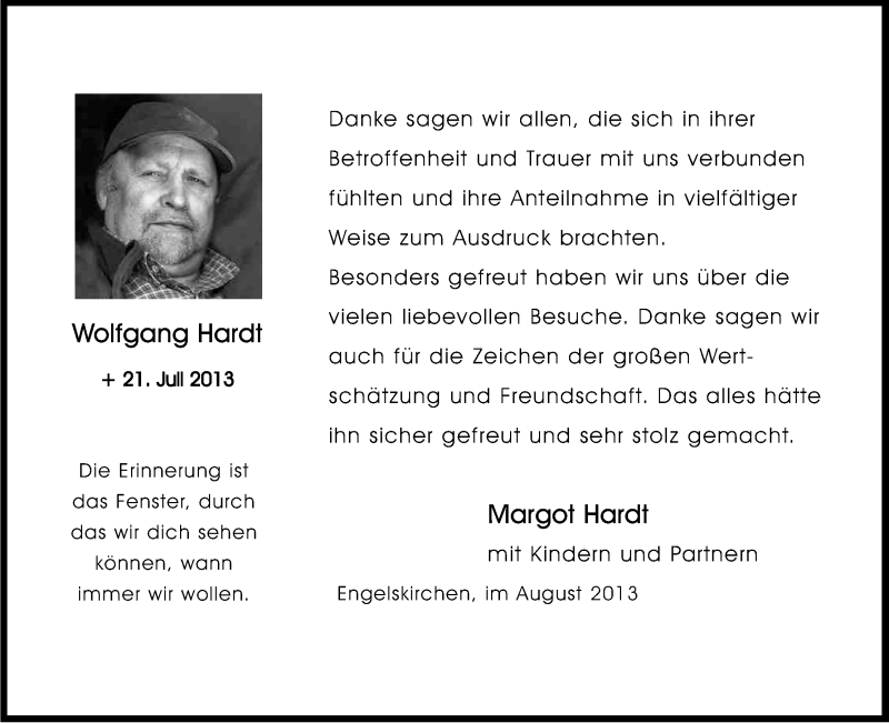  Traueranzeige für Wolfgang Hardt vom 31.08.2013 aus Kölner Stadt-Anzeiger / Kölnische Rundschau / Express