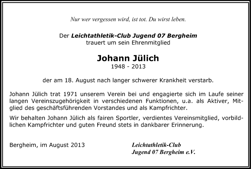  Traueranzeige für Johann Jülich vom 29.08.2013 aus Kölner Stadt-Anzeiger / Kölnische Rundschau / Express