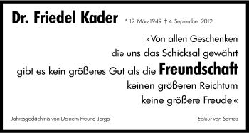 Anzeige von Friedel Kader von Kölner Stadt-Anzeiger / Kölnische Rundschau / Express