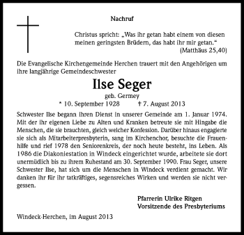 Anzeige von Ilse Seger von Kölner Stadt-Anzeiger / Kölnische Rundschau / Express