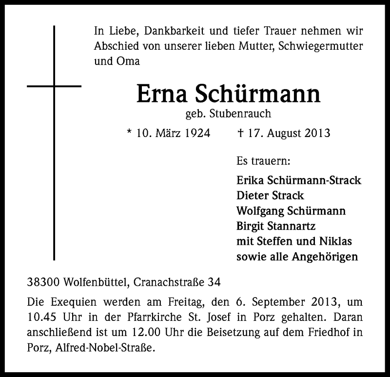  Traueranzeige für Erna Schürmann vom 31.08.2013 aus Kölner Stadt-Anzeiger / Kölnische Rundschau / Express