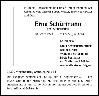 Anzeige von Erna Schürmann von Kölner Stadt-Anzeiger / Kölnische Rundschau / Express