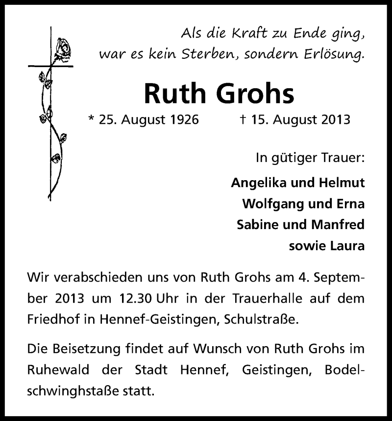  Traueranzeige für Ruth Grohs vom 31.08.2013 aus Kölner Stadt-Anzeiger / Kölnische Rundschau / Express