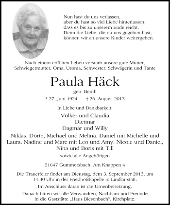 Anzeige von Paula Häck von Kölner Stadt-Anzeiger / Kölnische Rundschau / Express