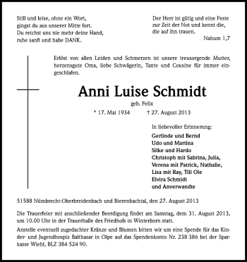 Anzeige von Anni Luise Schmidt von Kölner Stadt-Anzeiger / Kölnische Rundschau / Express