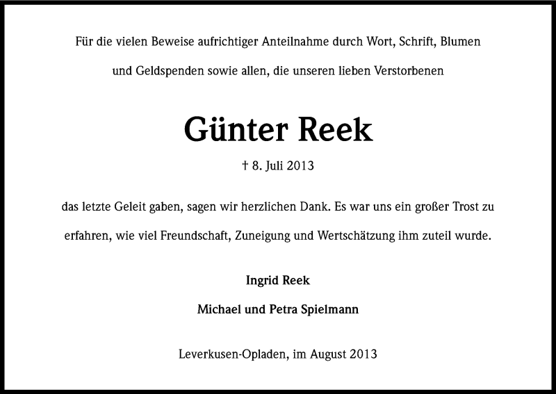  Traueranzeige für Günter Reek vom 31.08.2013 aus Kölner Stadt-Anzeiger / Kölnische Rundschau / Express