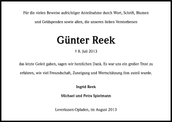 Anzeige von Günter Reek von Kölner Stadt-Anzeiger / Kölnische Rundschau / Express