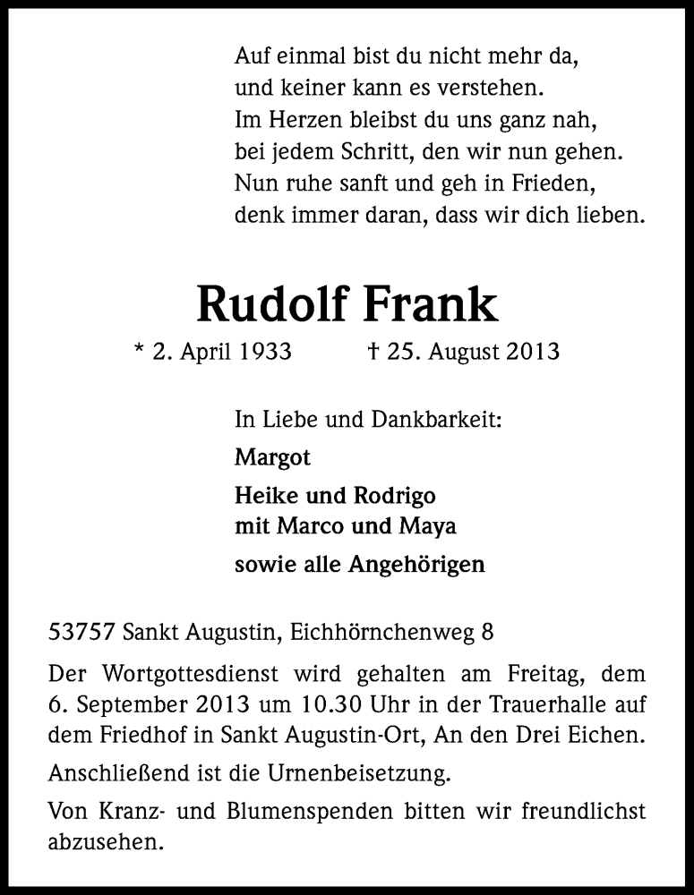  Traueranzeige für Rudolf Frank vom 31.08.2013 aus Kölner Stadt-Anzeiger / Kölnische Rundschau / Express