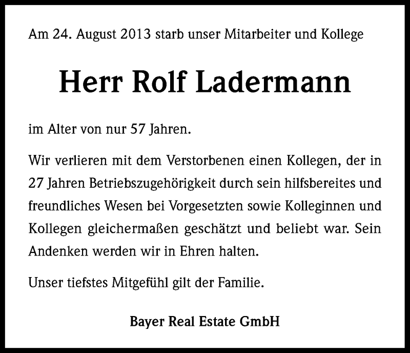  Traueranzeige für Rolf Ladermann vom 29.08.2013 aus Kölner Stadt-Anzeiger / Kölnische Rundschau / Express