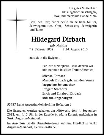 Anzeige von Hildegard Dirbach von Kölner Stadt-Anzeiger / Kölnische Rundschau / Express