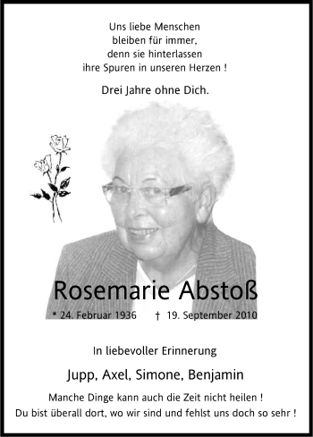 Anzeige von Rosemarie Abstoß von Kölner Stadt-Anzeiger / Kölnische Rundschau / Express