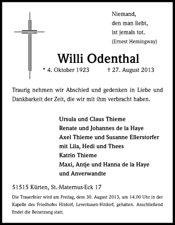 Anzeige von Willi Odenthal von Kölner Stadt-Anzeiger / Kölnische Rundschau / Express