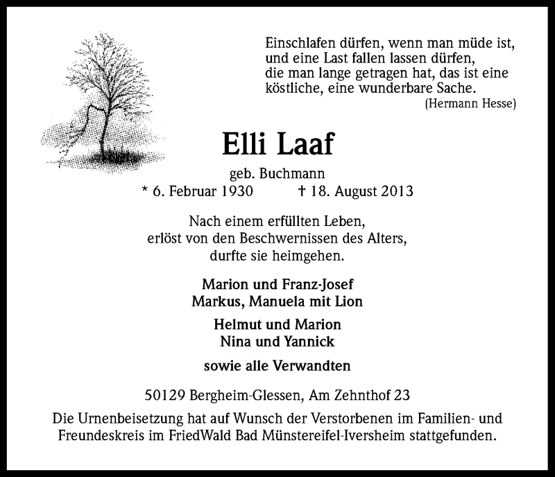  Traueranzeige für Elli Laaf vom 31.08.2013 aus Kölner Stadt-Anzeiger / Kölnische Rundschau / Express
