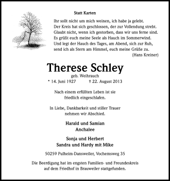 Anzeige von Therese Schley von Kölner Stadt-Anzeiger / Kölnische Rundschau / Express