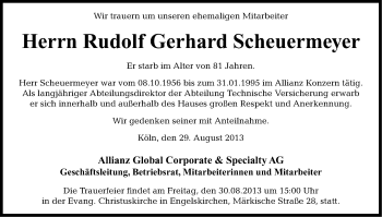 Anzeige von Rudolf Gerhard Scheuermeyer von Kölner Stadt-Anzeiger / Kölnische Rundschau / Express