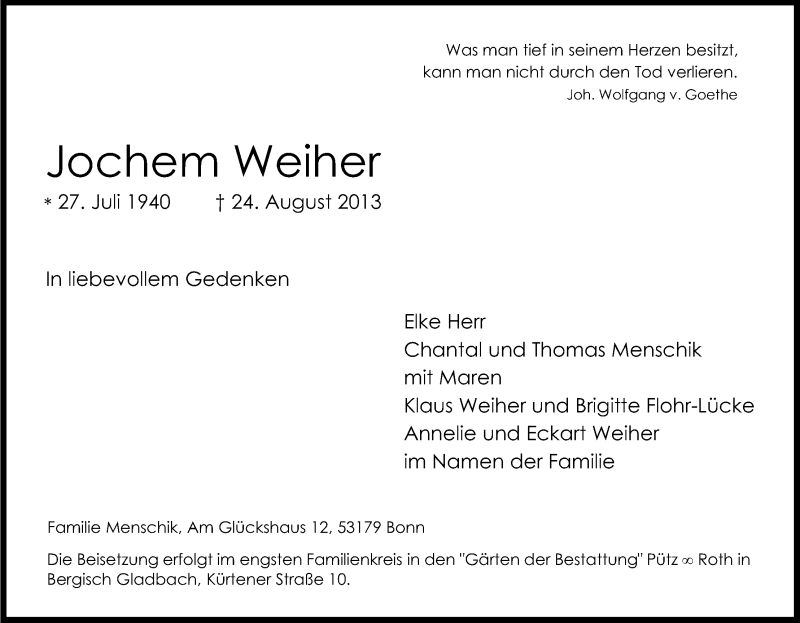  Traueranzeige für Jochem Weiher vom 31.08.2013 aus Kölner Stadt-Anzeiger / Kölnische Rundschau / Express
