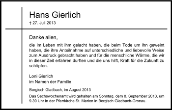 Anzeige von Hans Gierlich von Kölner Stadt-Anzeiger / Kölnische Rundschau / Express