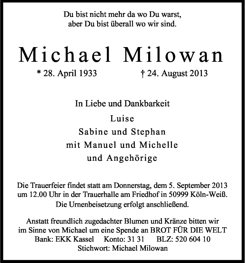  Traueranzeige für Michael Milowan vom 31.08.2013 aus Kölner Stadt-Anzeiger / Kölnische Rundschau / Express