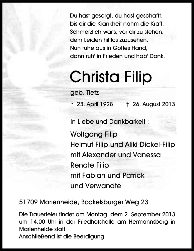  Traueranzeige für Christa Filip vom 29.08.2013 aus Kölner Stadt-Anzeiger / Kölnische Rundschau / Express