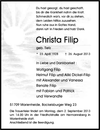 Anzeige von Christa Filip von Kölner Stadt-Anzeiger / Kölnische Rundschau / Express