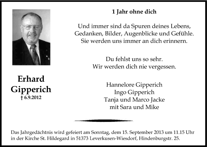  Traueranzeige für Erhard Gipperich vom 06.09.2013 aus Kölner Stadt-Anzeiger / Kölnische Rundschau / Express