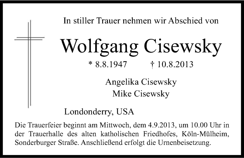  Traueranzeige für Wolfgang Cisewsky vom 31.08.2013 aus Kölner Stadt-Anzeiger / Kölnische Rundschau / Express
