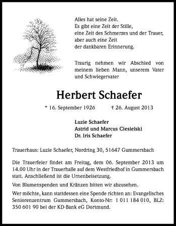 Anzeige von Herbert Schaefer von Kölner Stadt-Anzeiger / Kölnische Rundschau / Express