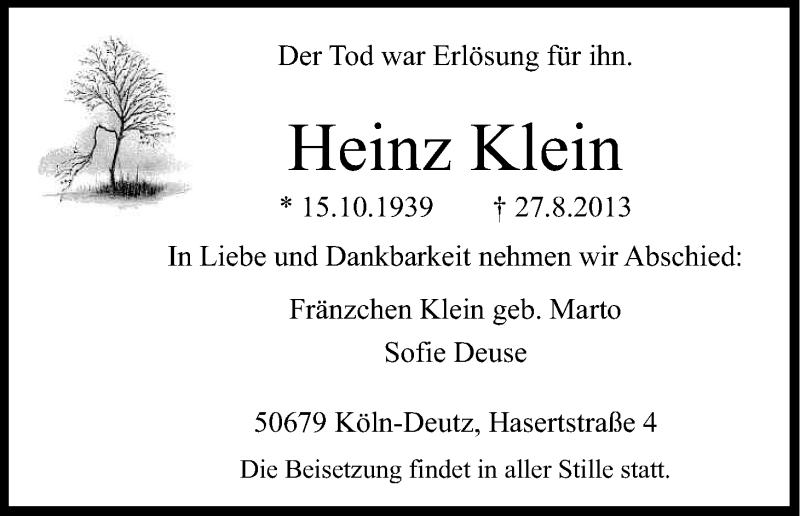  Traueranzeige für Heinz Klein vom 31.08.2013 aus Kölner Stadt-Anzeiger / Kölnische Rundschau / Express