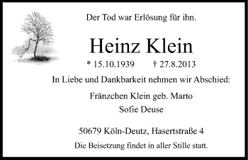 Anzeige von Heinz Klein von Kölner Stadt-Anzeiger / Kölnische Rundschau / Express